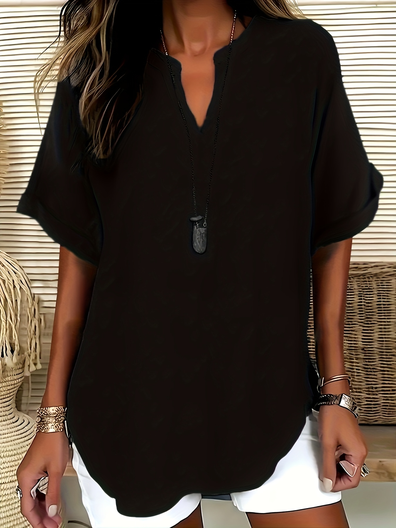 Elegant Plus Size Women'S V-Neck Short Sleeve Blouse - Light Gray, Casual & Stylish for Spring/Summer, Relaxed Fit with Half-Sleeve Design, Casual Wear | Relaxed Fit Top | Stylish Necklin