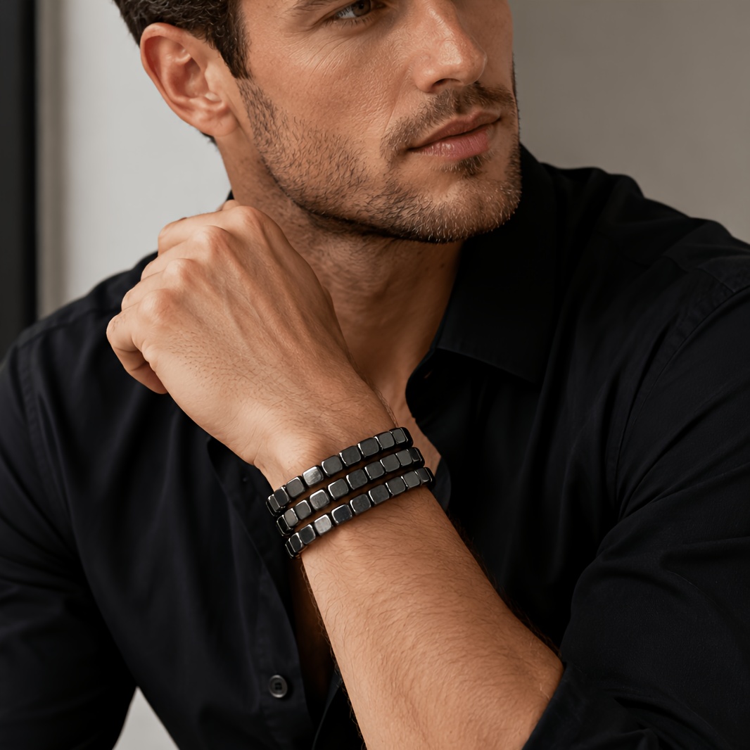 3pcs Hematite Bracelet Set, Unisex Stackable Wristwear
