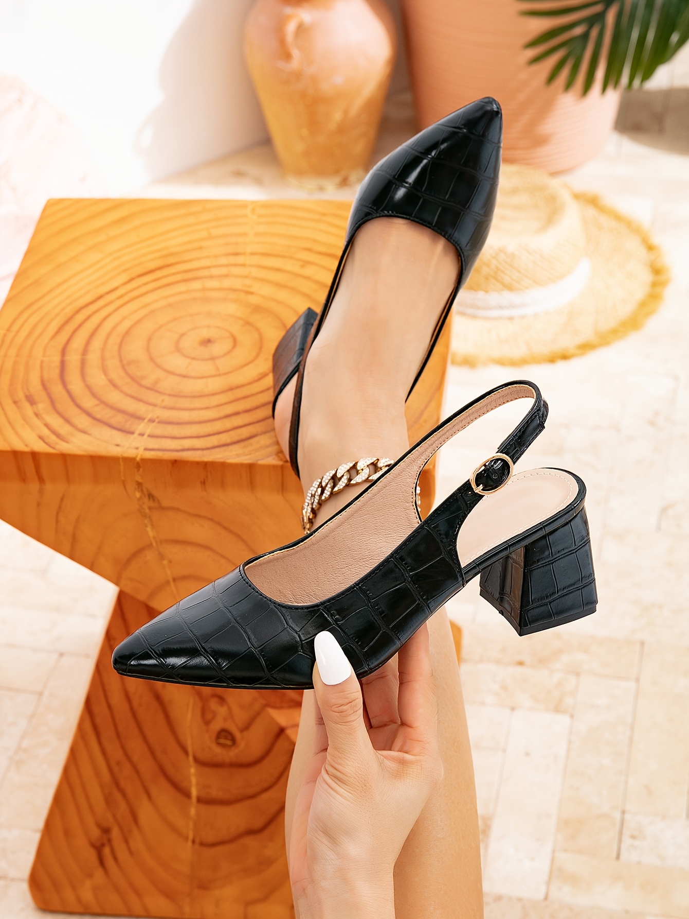 Women'S Elegant Black Pointed-Toe High Heels with Chunky Block Heel  Comfortable Synthetic Cover Dress Shoes, Golden-Tone Strap Dates,  Holidays,