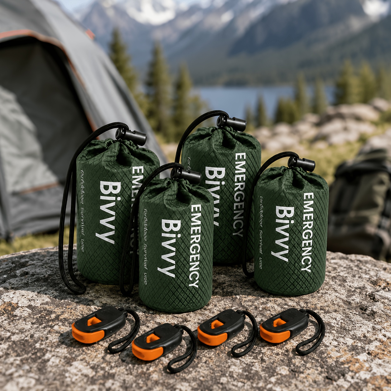 Temu – TEMU 8pcs Set (includes 4 Sleeping Bags And 4 Whistles) Outdoor Pe Orange Sleeping Bag, Relief, Cold Protection, Thermal Insulation, Emergency