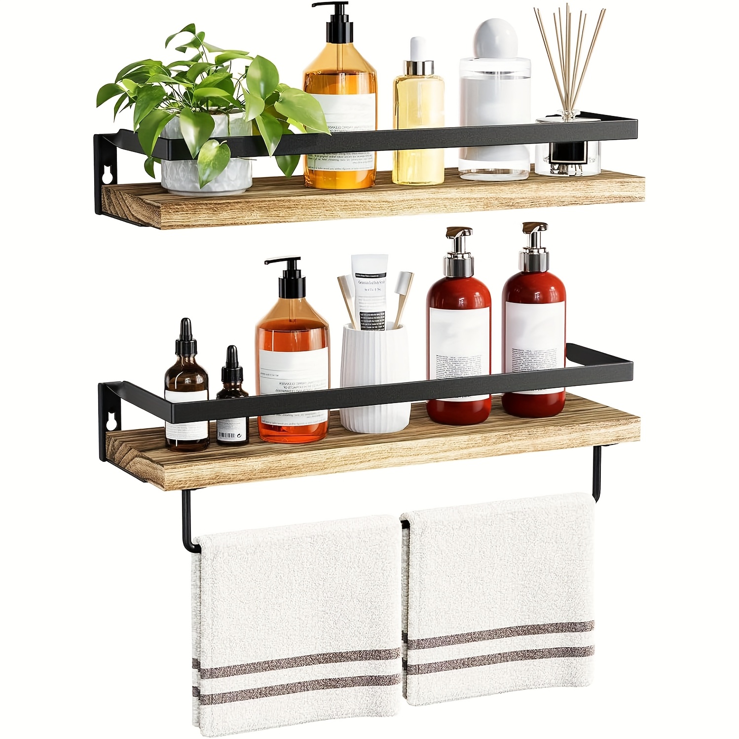 Set Of 2 Light Brown Floating Shelves With A Towel Bar, Suitable For The Bathroom, Living Room, Kitchen, Or Bedroom