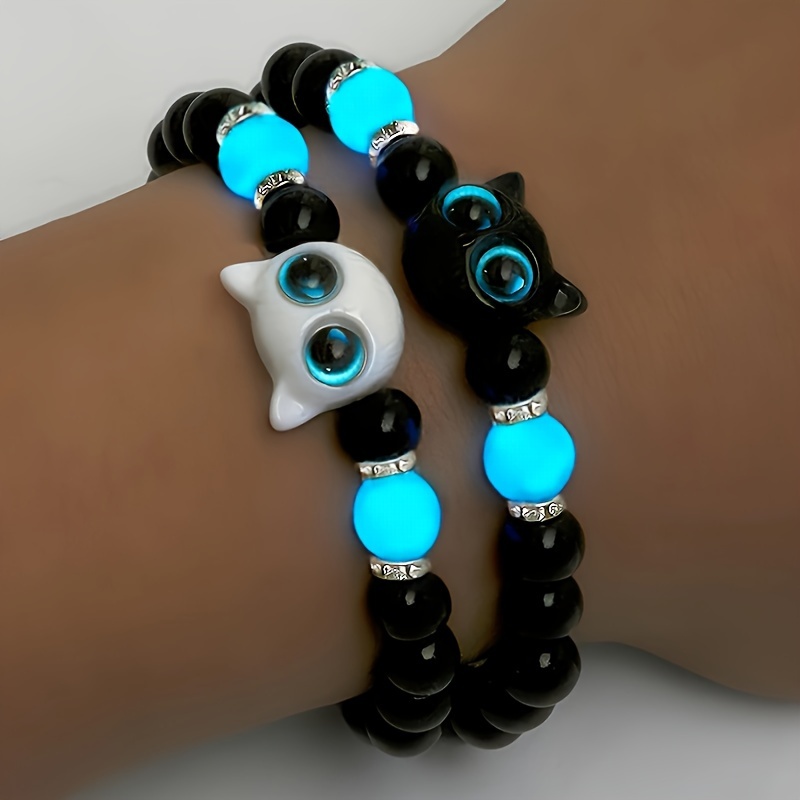 

-the-dark Cat Beaded Bracelet Set, 2pcs - Vintage Style Adjustable Jewelry With Black Beads & Zirconia Accents, Couples & Gifts