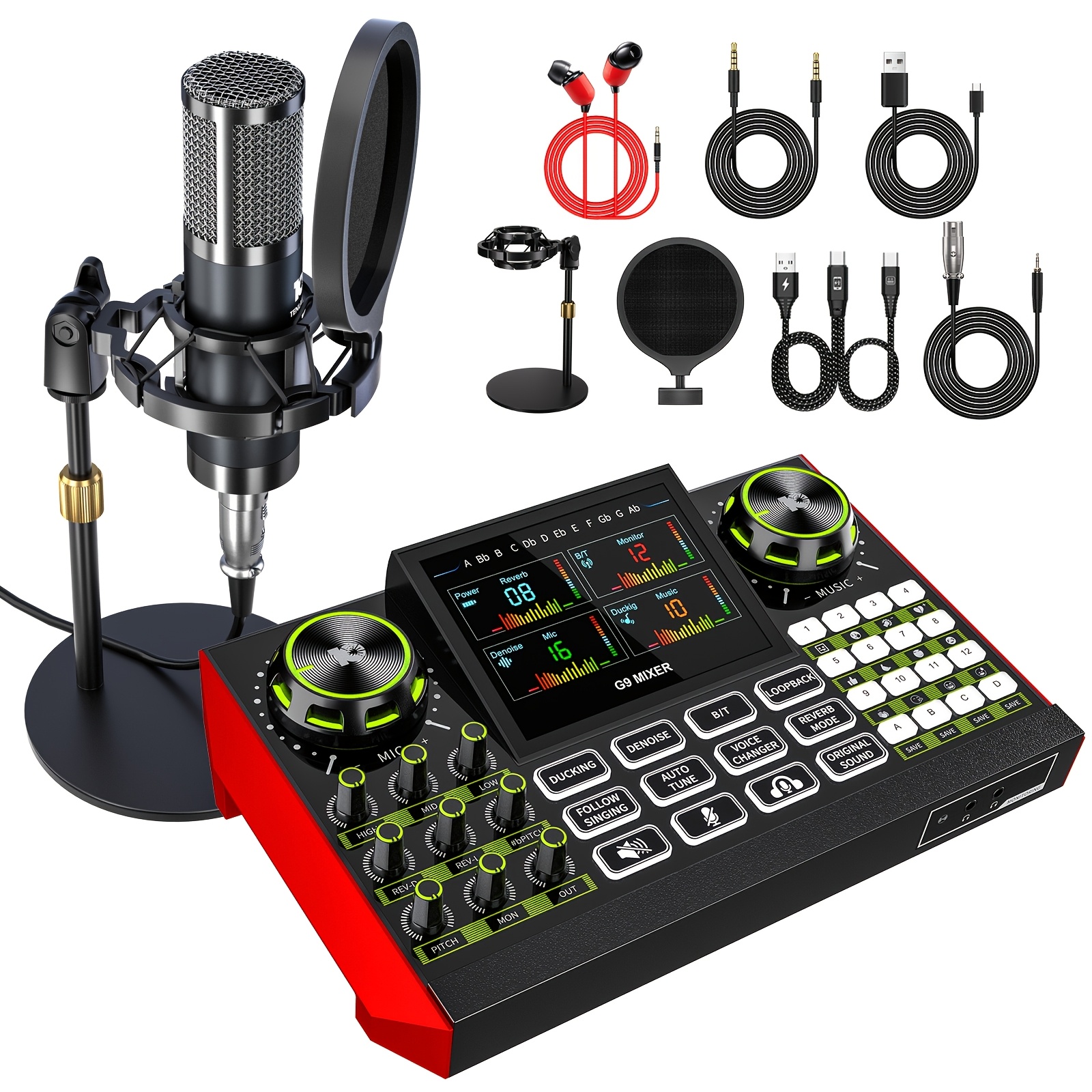 TEMU Paquete de equipo para podcast, interfaz de audio todo en uno y mezcladora de DJ con micrófonos de condensador, kit de estudio de grabación,
