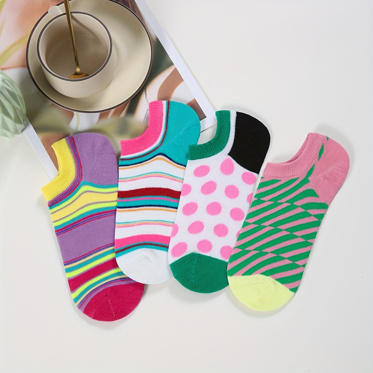 TEMU 4 de calcetines de barco para mujer, de punto, con bloques de color a rayas y , ideales para viajes diarios, , el hogar, como regalo y para