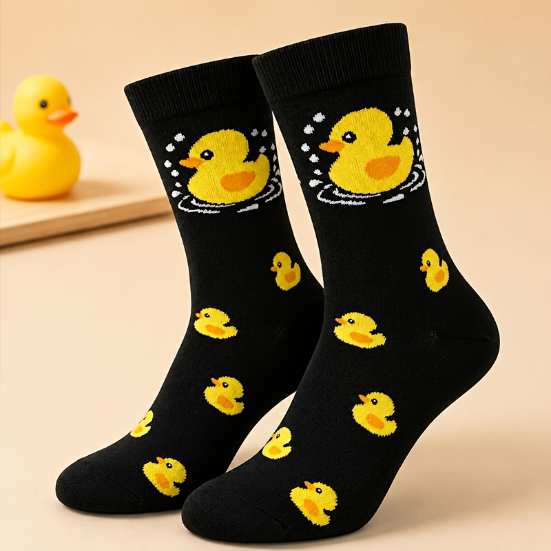 TEMU 1 Pair Men's Mid-calf Socks, Cute Cartoon Little Yellow Duck Pattern Creative Individual Fashionable Fun Trendy Socks, Spring/autumn Season Thin