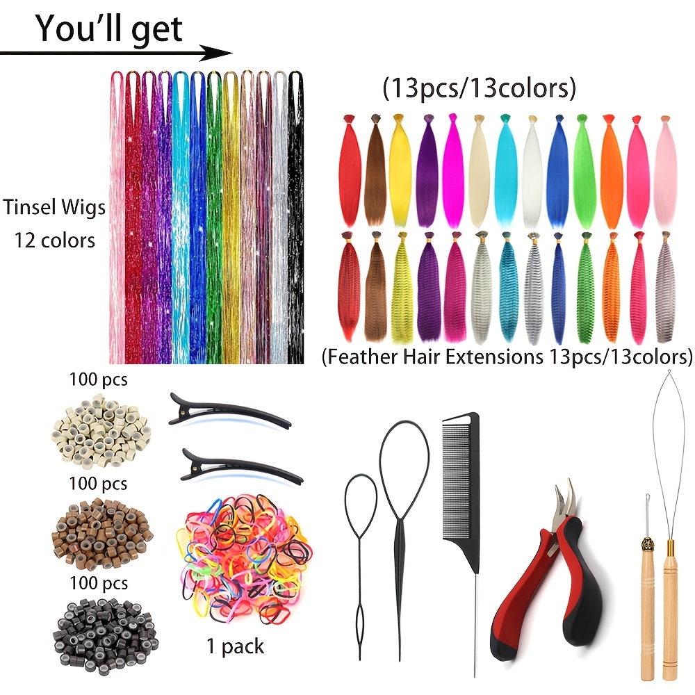 TEMU 48pcs Women's Colorful Synthetic Hair Extension Kit - 38 Vibrant Colors With Tinsel & Feather Extensions, Tools Included For Festivals, Christmas Parties & More