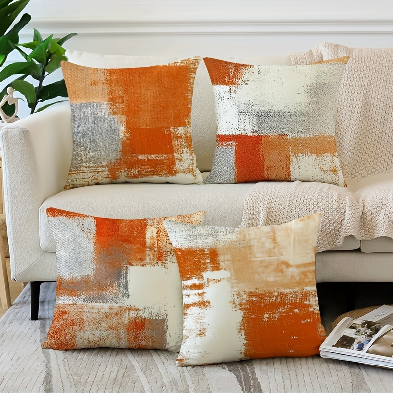 

Bohemian Style Geometric Throw Pillow Covers, Set Of 4, Woven Polyester Zipper Closure Cushion Cases, Machine Washable Decorative Pillowcases For Room Types, 18x18 Inches - Orange And Grey Pattern