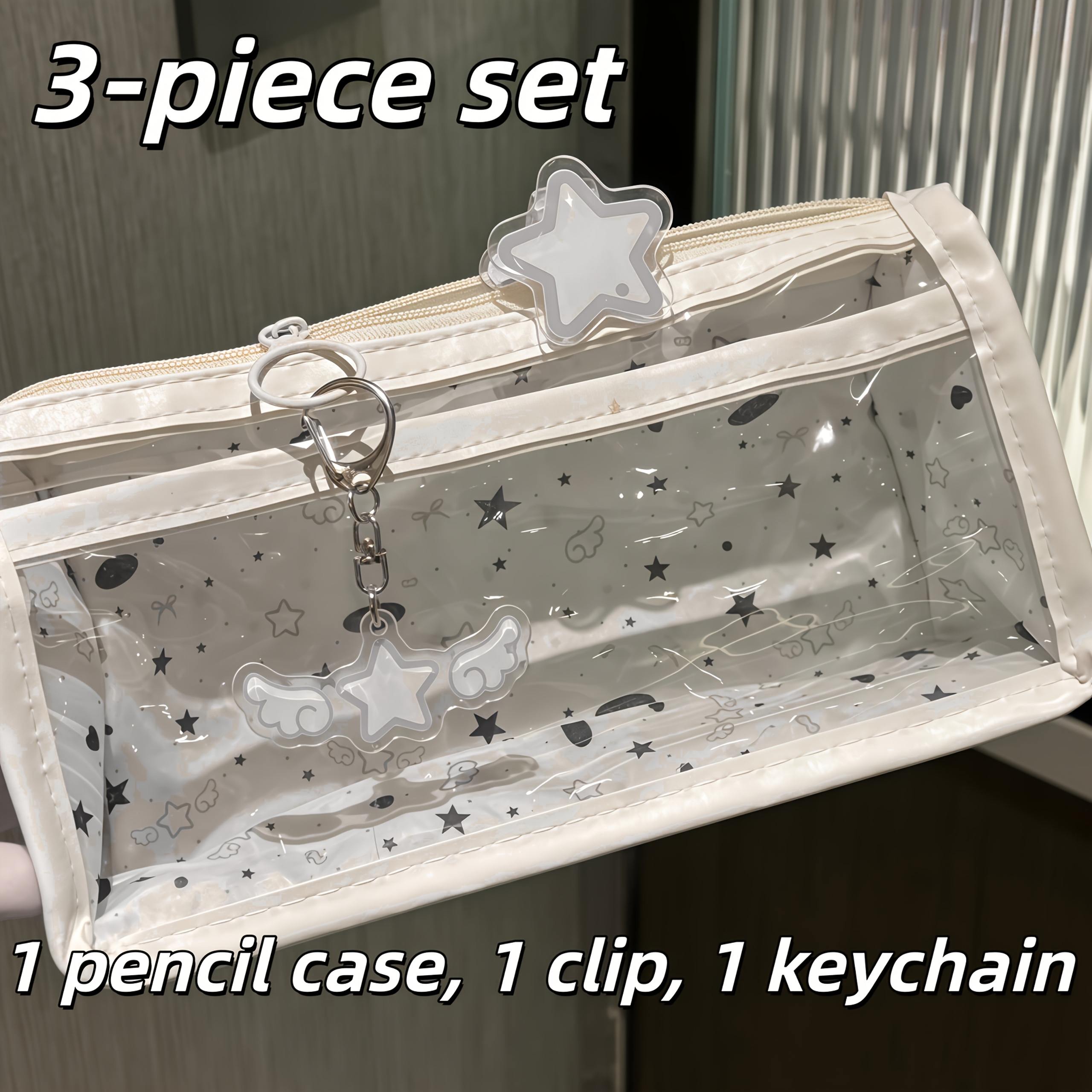 TEMU 3pcs Set "" Transparent Double-layer Pencil Case, Gentle Style, Ins-style High-value Large-capacity Girly Stationery Storage Bag, With Matching