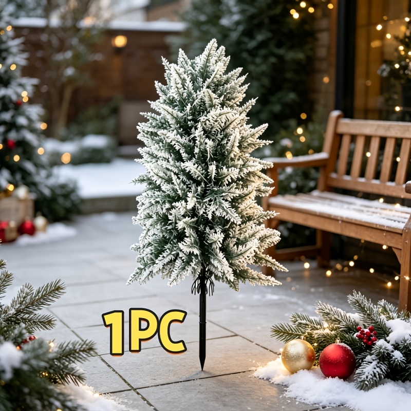TEMU 1pc Of Flocked, Base-free, Ground-plug-in Snow-falling Christmas Tree. The Flocking Simulates A Realistic Snow-covered Effect. Features A Dense,