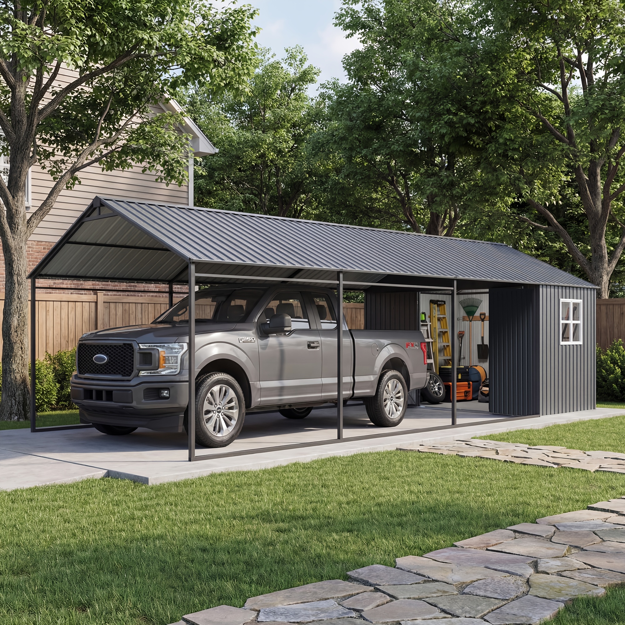 creative 12x25ft metal carport and storage unit 10 8ft   in enclosed shed 150 lbs sq ft load capacity galvanized steel     all weather vehicle   grey white