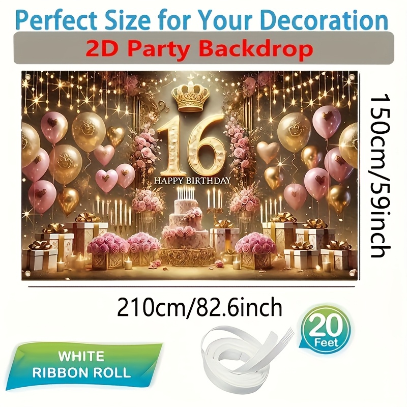 TEMU 1pc Sweet 16 Birthday Party Backdrop - Elegant Pink & With Crown, Balloons, Candles & Gifts - Polyester, , 16th Birthday Celebrations, Birthday