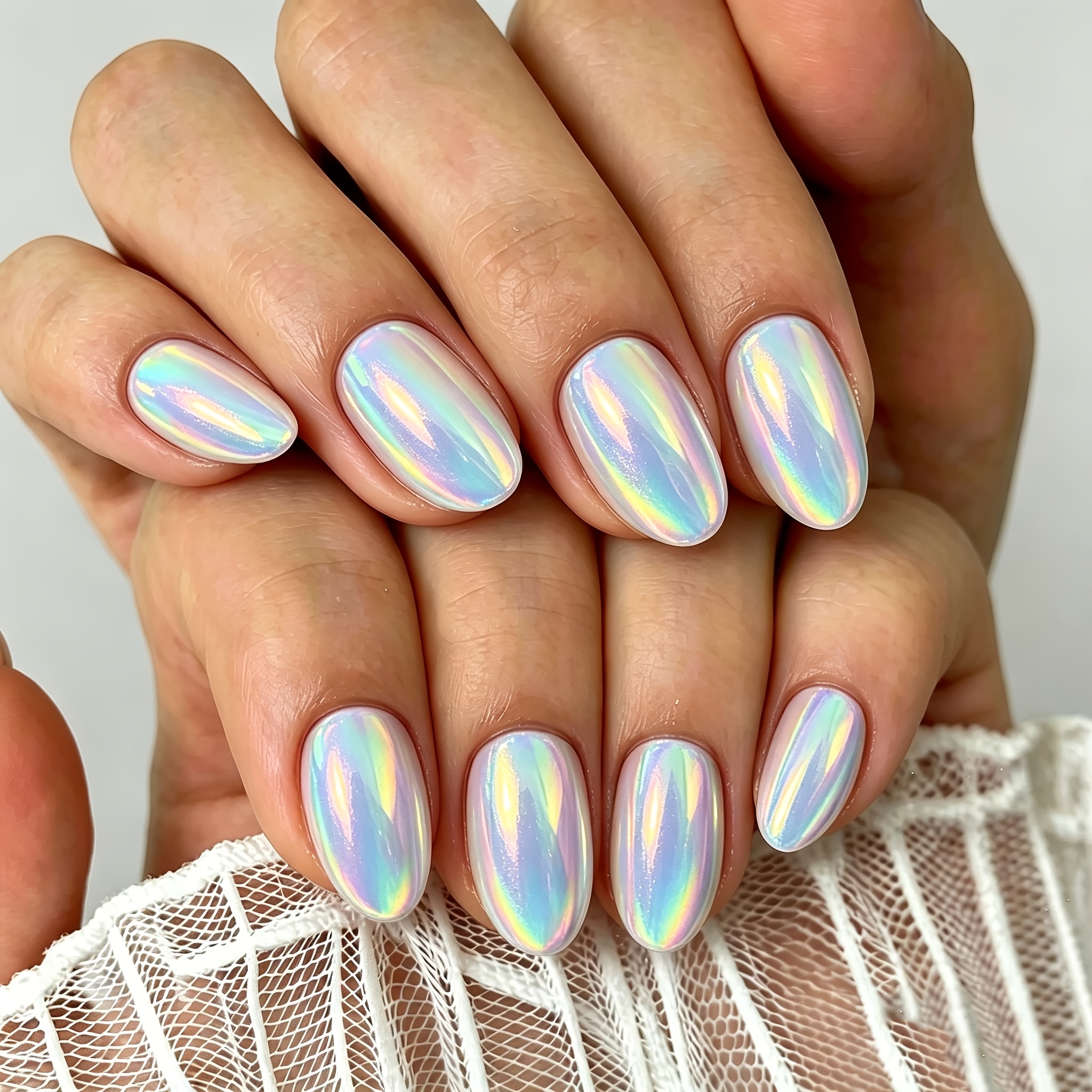 TEMU Medium Oval White Aurora Iridescent Chrome Press On Nails, Glossy Electroplated Full Cover Reusable Artificial Nail Tips, 30pcs Shiny Fake Nails