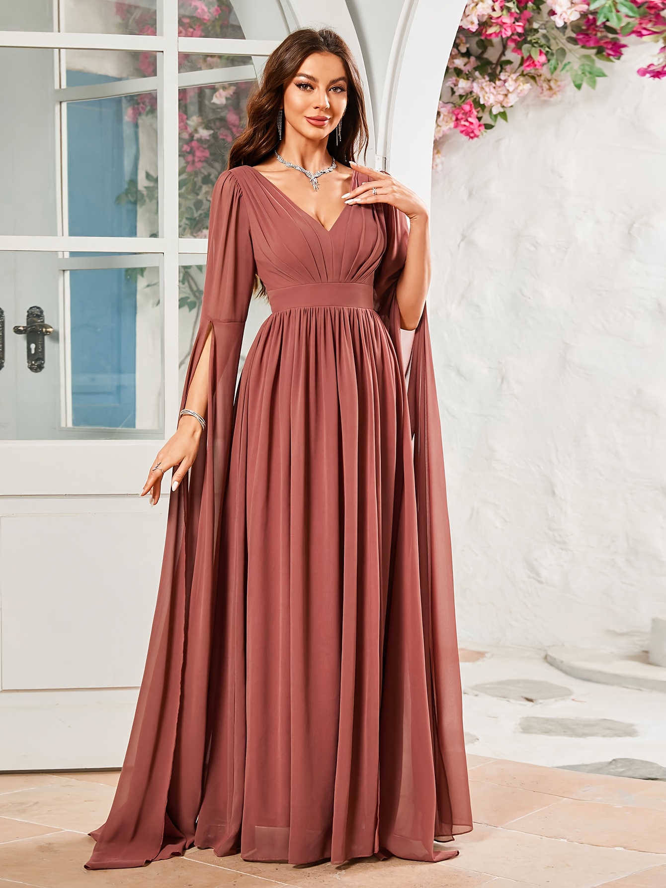 Elegant Brown Chiffon Maxi Dress with V-Neck, Flowing Sleeves Cinched  Waist Long Gown for Women Spring/Summer Formal Events, Occasion
