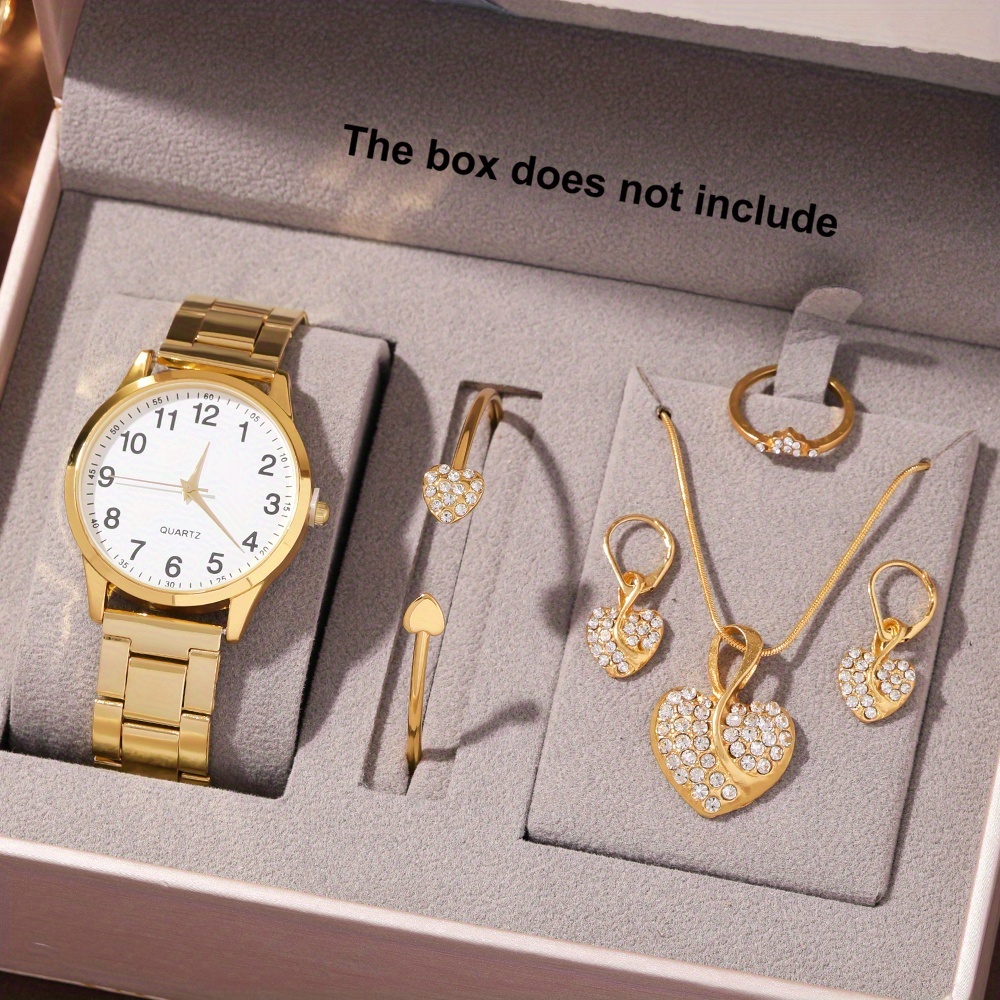 6pcs Elegant Women's Quartz Watch Set with Heart-Shaped Jewelry, Perfect Gift for Ladies, Non-Adjustable Alloy Strap, Classic Bar Markers Round Dial, Ideal Gift for Sisters and Mothers, Suitable for Ramadan or Casual Attire, No Packaging Box Included, Middle East Special Edition