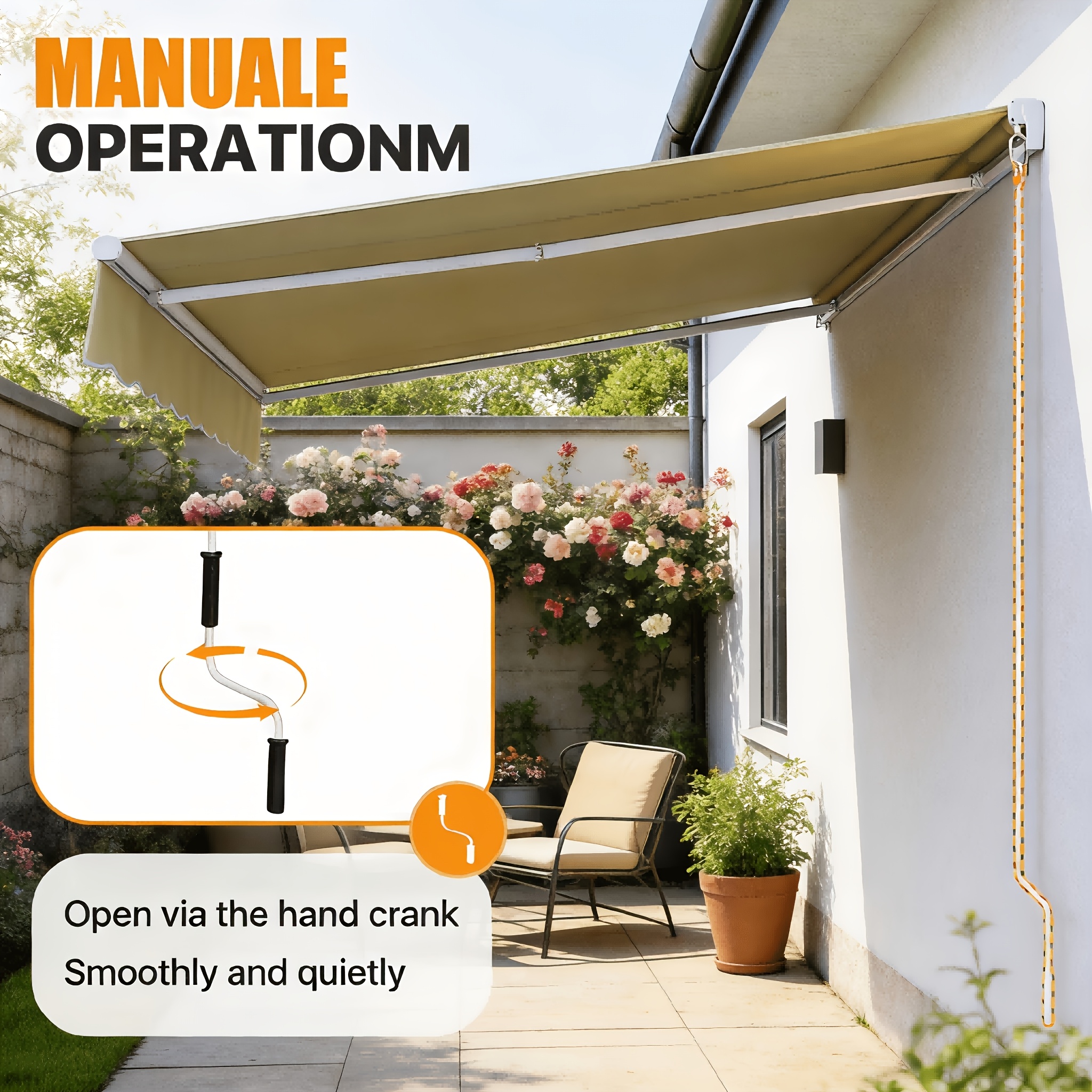 12x10ft Heavy-Duty Manual Retractable Awning with Wall Mount - Outdoor Patio Canopy, Beige Suitable for Balcony, Deck, Poolside Shade, Fabric & Frame, Installation