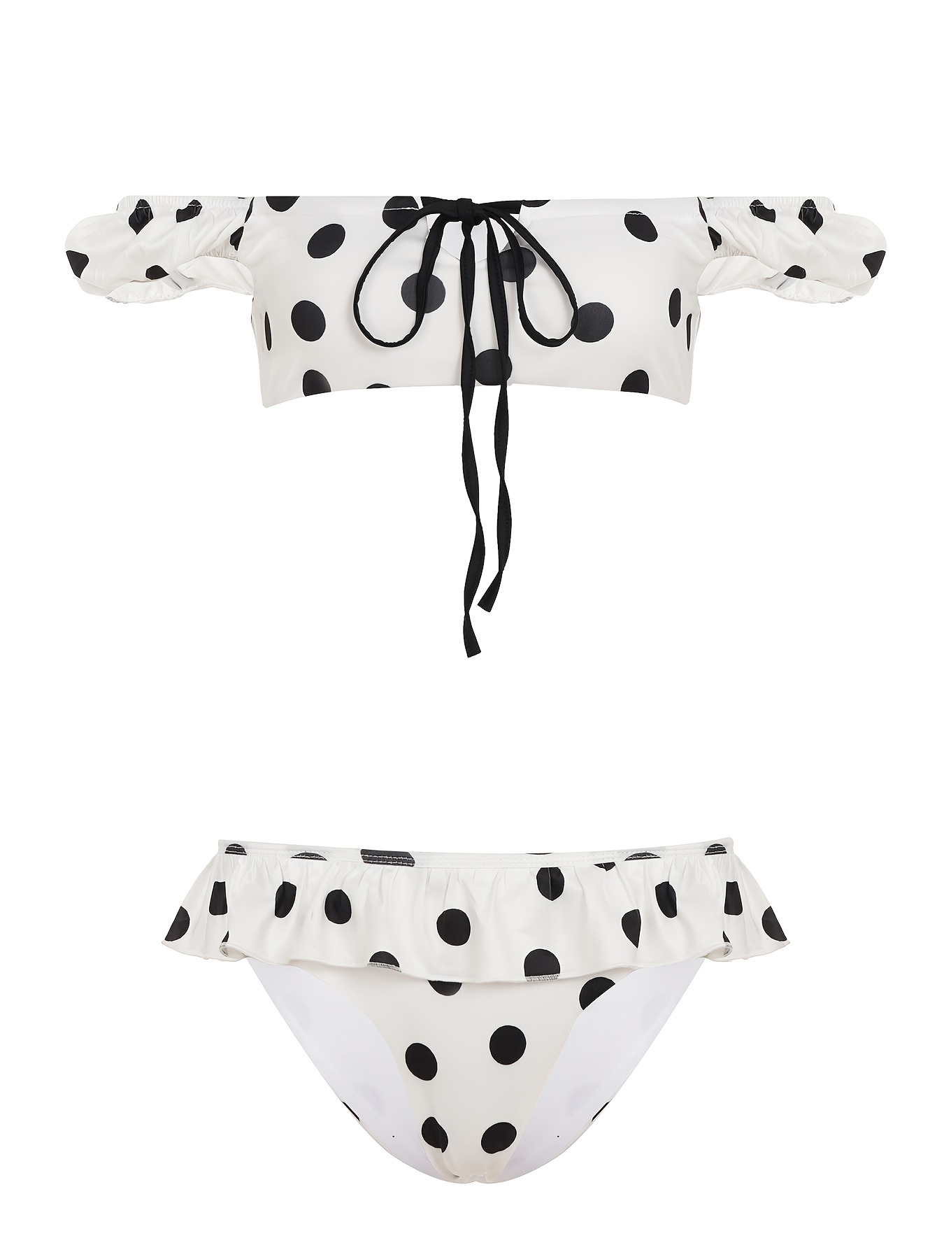 A Beach Vacation Outfit Featuring a Color-Blocked Polka Dot Bikini Set, with a Sexy Tie-Front Crop Top And Ruffled Shorts, Perfect for Seaside Holidays