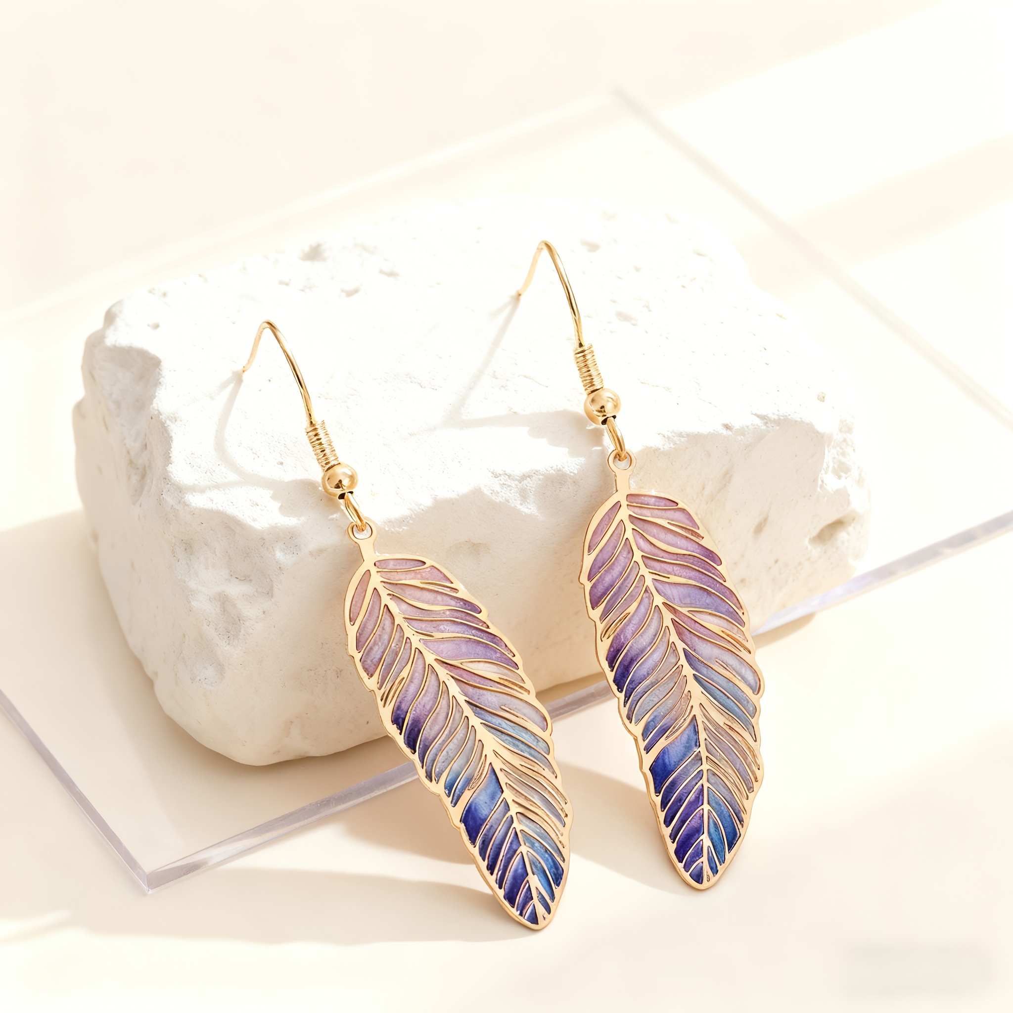 E-shop 1 Paar/4 Paare/Set, Damen Tropfen Öl Feder Mode Hängeohrringe - Retro Bohemian Elegante Leichte Luxus Stil, Leichte Bunte Farbverlauf
