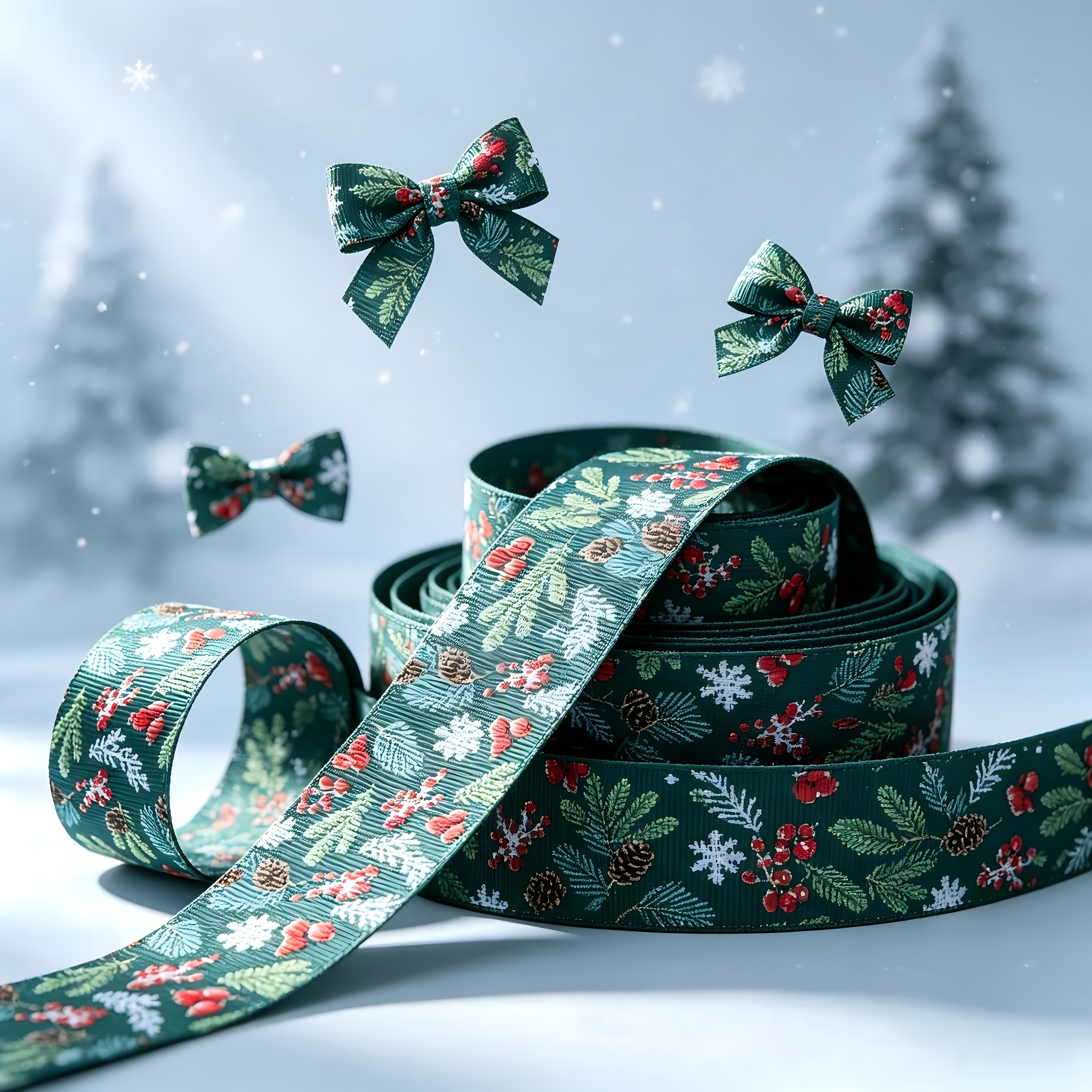 TEMU 2-yard Elegant And Exquisite Pine Branch, Pine Cone, And Snowflake Themed Christmas Ribbed Ribbon, Suitable For Diy Hair Accessories, Gift