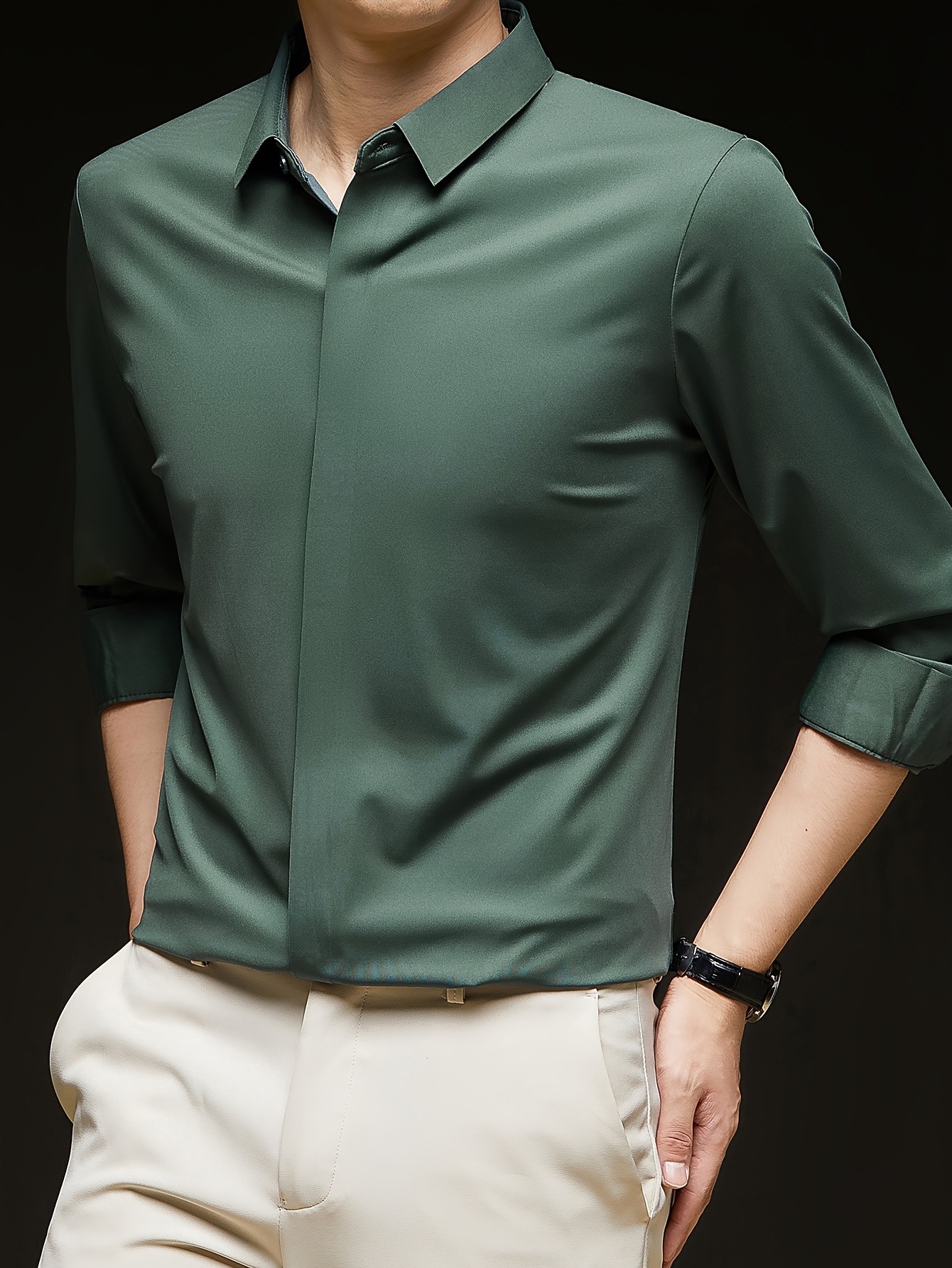 Men'S Formal Dress Shirt, Glossy Material, Top Men'S Shirt, Date Outfit Top, Hidden Button Shirt, Single-Sided Spring Long Sleeve Top, Suitable for Office And Casual Wear