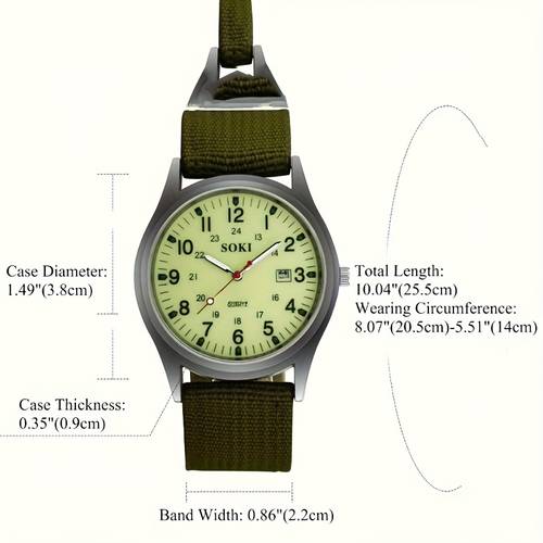 new military mens quartz watch round case green nylon strap 24 hour scale calendar luminous dial used for casual gifts