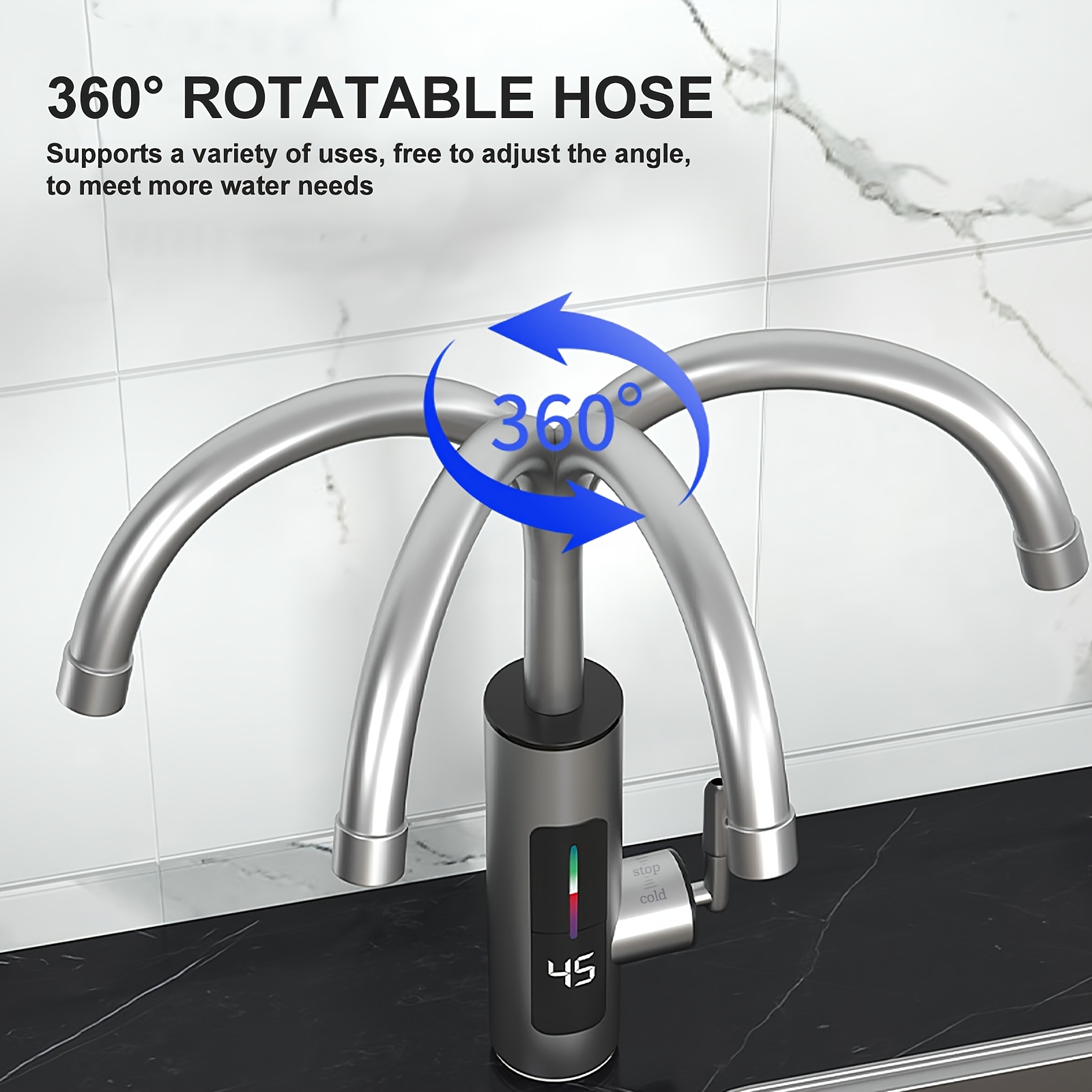 compact instant water heater with household faucet featuring a large led color temperature display high power rapid heating and intelligent dry burn       supports 360 rotation for multi sink use manual Product details 2