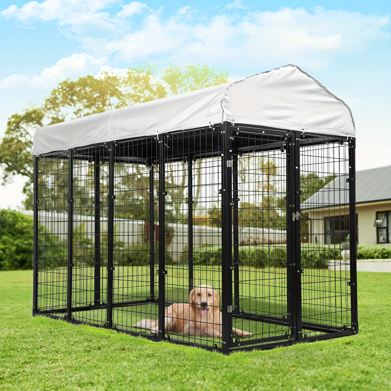 TEMU Spacious 8'x4'x5' Heavy-duty Outdoor Dog Kennel For Large Dogs - Galvanized Steel Wire Mesh Playpen With Uv-resistant & Waterproof Oxford Cover, Lockable Door, And Sgs Certified Durability