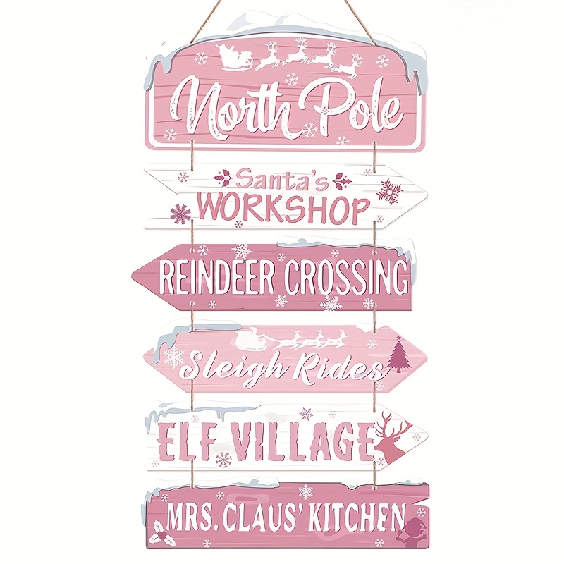 TEMU 2d Flat, 6pcs Pink Arctic Theme Wooden Tags Santa Claus Craft Reindeer Signs Suitable For Bedroom, Living Room, Balcony, Door, Wall Decoration,