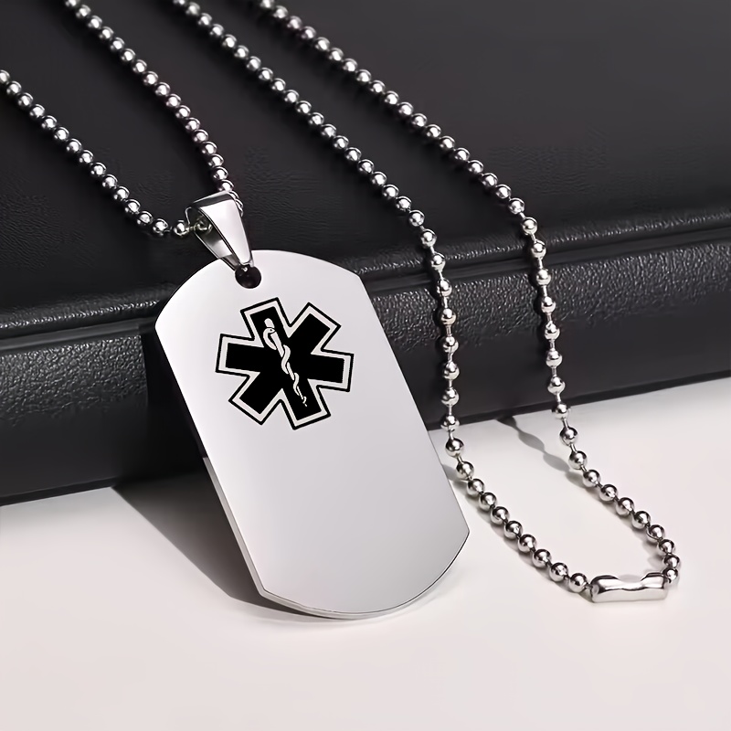 TEMU Collier avec Chaîne de Perles et Plaque d' Médicale Personnalisée - ID d' Gravée avec Allergies et Informations ICE, Cadeau Médical Unique,