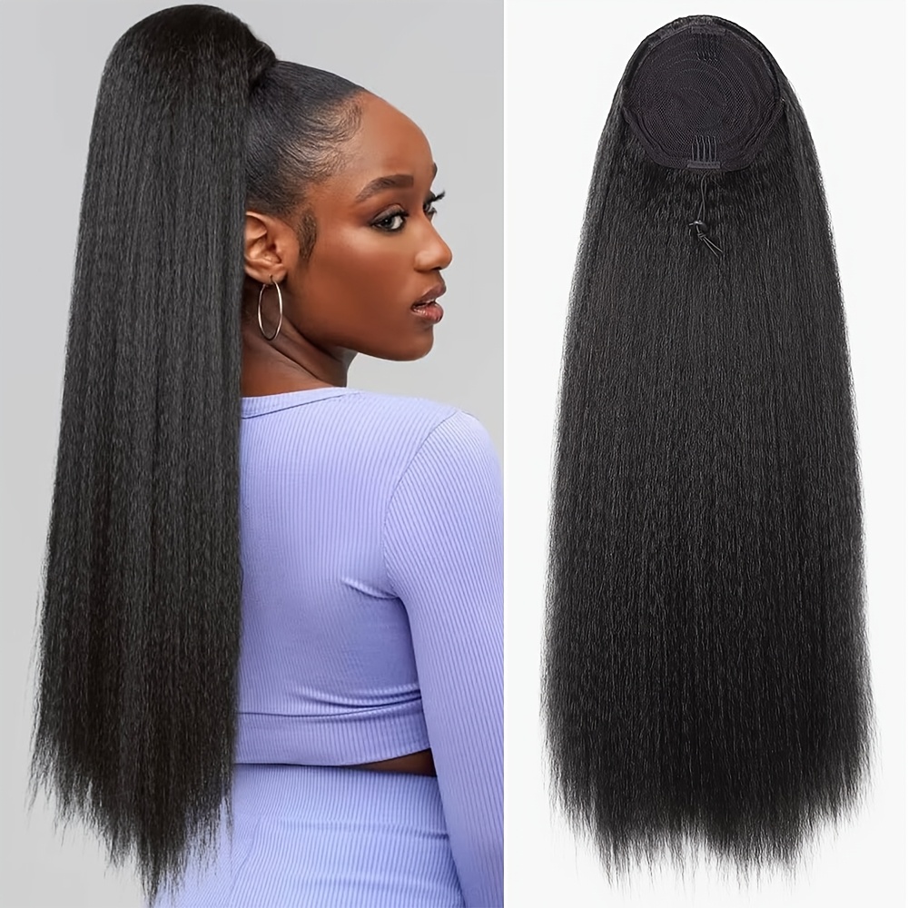 Image of Straight Drawstring Ponytail Extension For Women - Clip-in Kinky Straight Synthetic Hairpiece, Black, 1b#, Low-temperature Fiber, Versatile Style For All
