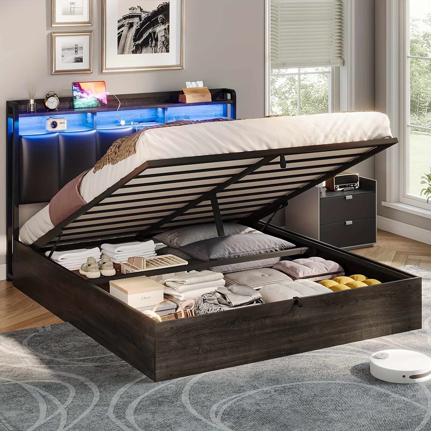 

Queen Size Lift Up Storage Bed Wood Platform Bed Frame With Storage Headboard