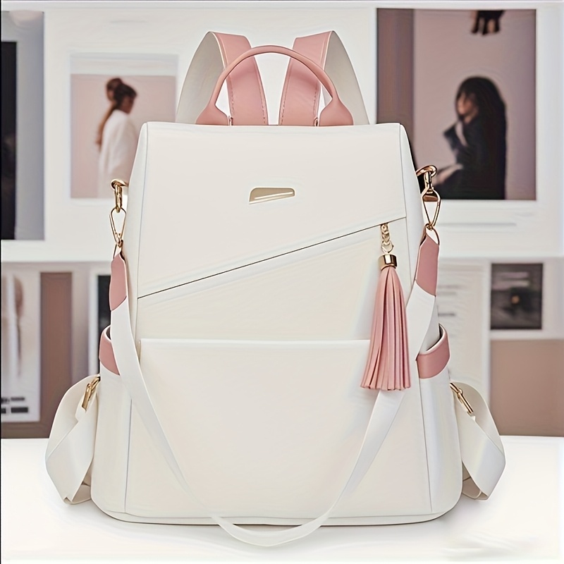 TEMU Elegant Women's Anti-theft Lightweight Backpack - Chic White With Pink, Large Capacity, Adjustable Straps, Tassel Details, Suitable For Travel