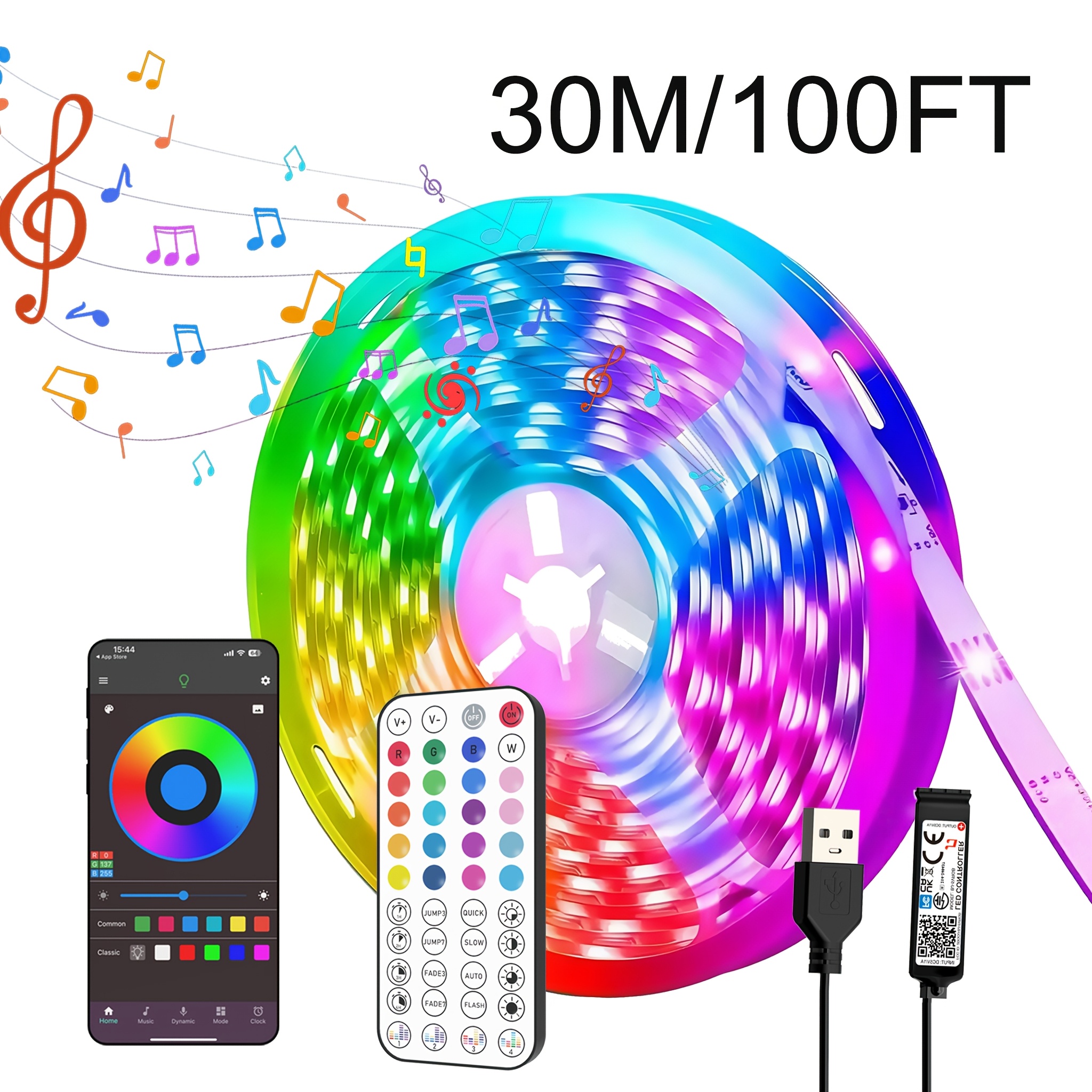 TEMU 100ft Smart Led Strip Light, Suitable For Bedrooms - Music Sync, Supports Rgb Color Changing, With App And Remote Control, Dimmer, Timer, Usb