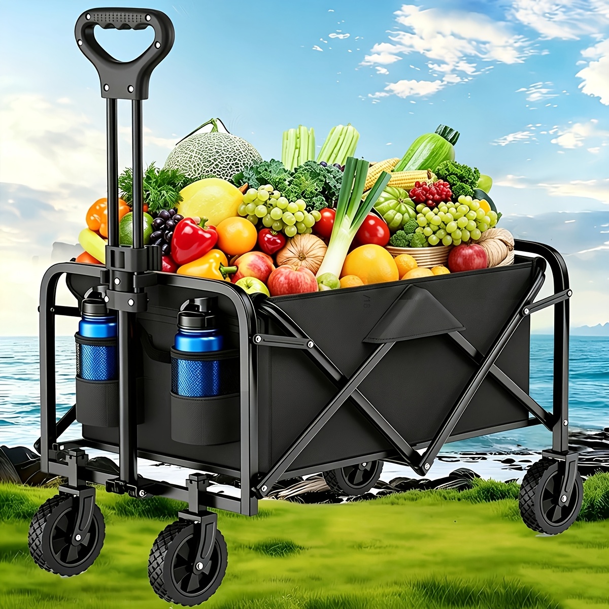 TEMU Heavy-duty Capacity Folding Wagon Cart With 360° Rotating Wheels, Adjustable Handle & Cup Holder, Foldable Utility Cart Multi-use Utility For