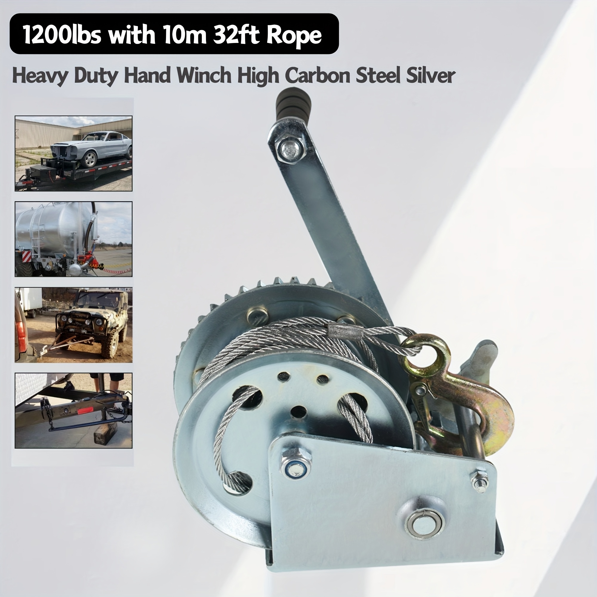 TEMU 1pc 1200lbs Heavy Duty Hand In High Carbon Steel Silvery With 10m/32ft Rope For , Trailers And Marine Vehicles