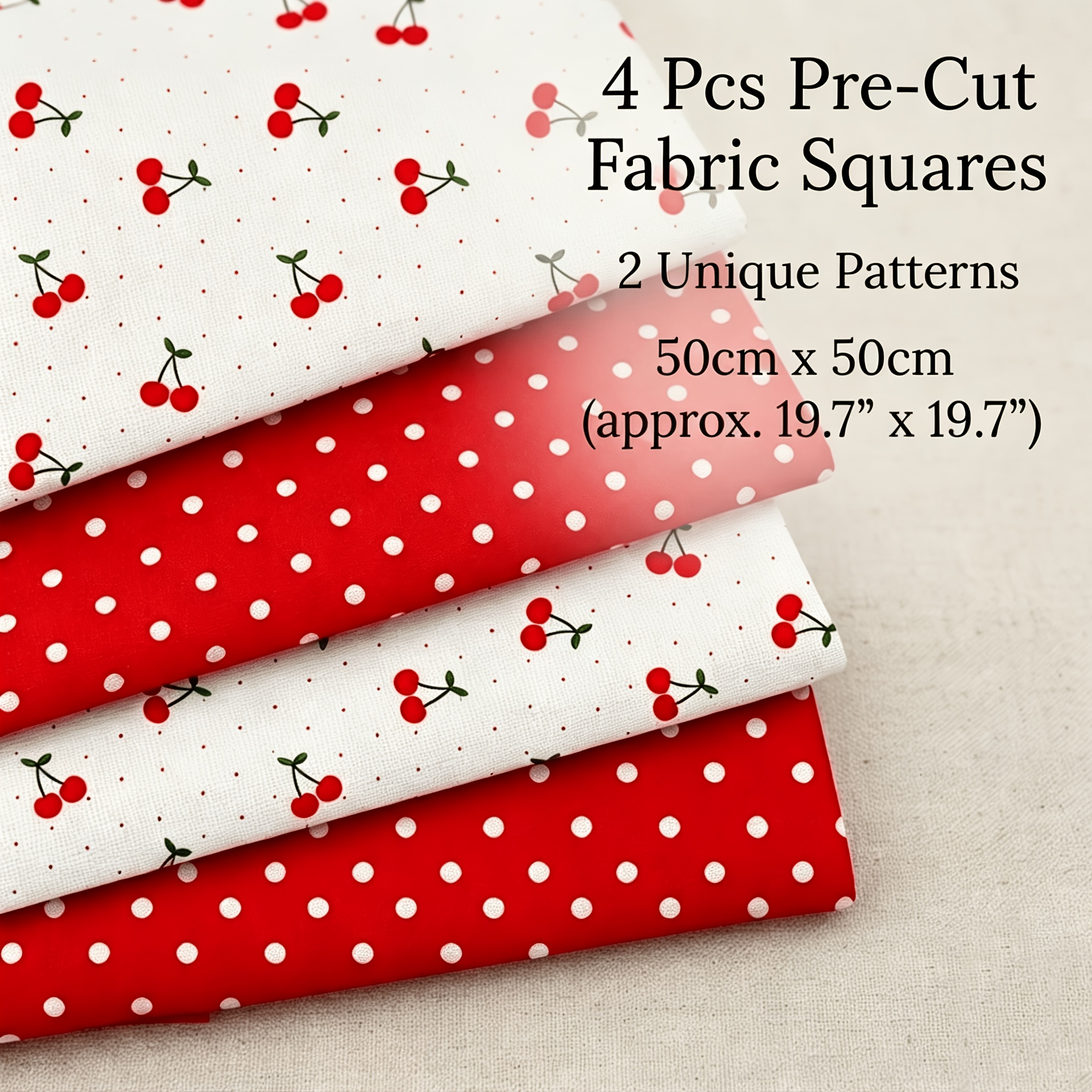 TEMU Lot de 4 tissus de quilting imprimés cerises rouges, format "fat quarter" prédécoupés 50X50Cm, tissu de couture pour sacs faits main, taies