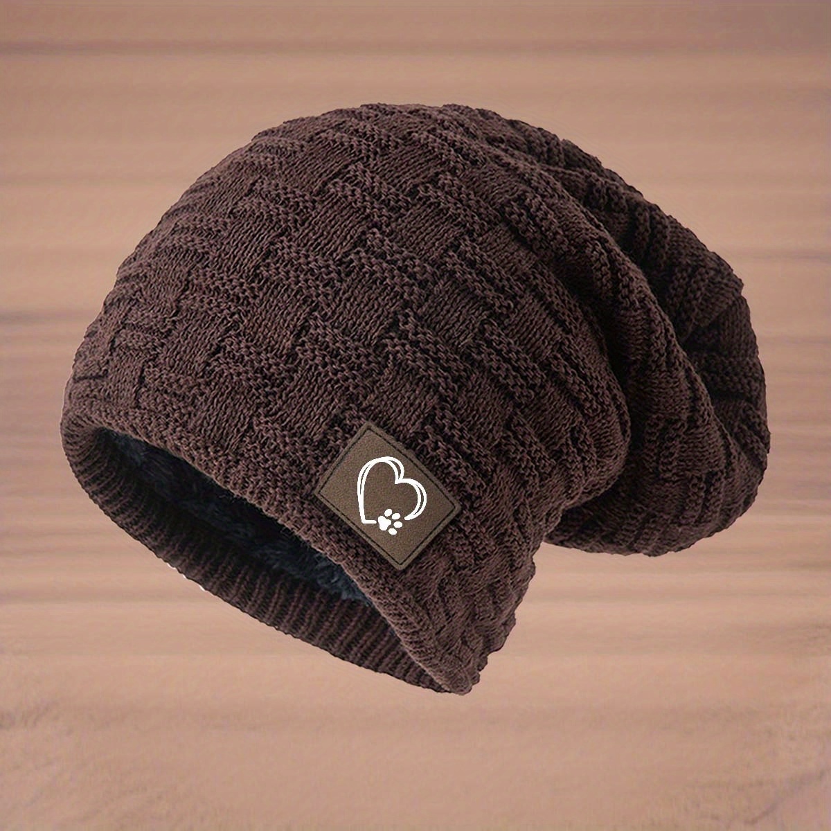 TEMU Fashion With Heart Paw Print Pattern Knit Hat Unisex Style Beret Winter Street Ski Hat Fleece Lined Thick Pullover Hat