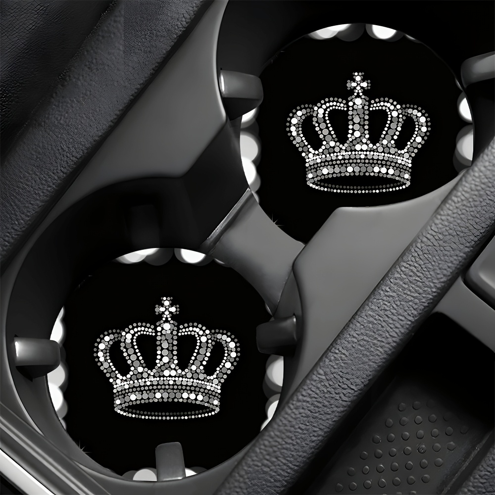 TEMU 2pcs Sparkling Crown Diamond Themed Printed Car Coasters - Durable, With Patterns, Car Interior Accessories, Daily Use - An Excellent Gift For
