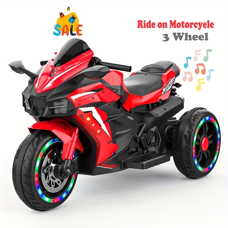 12* Electric Motorcycle with 3-Wheel Design, USB Rechargeable Battery, and  Colorful Stripes Pink, Red, Blue, White, and Black Options for Child