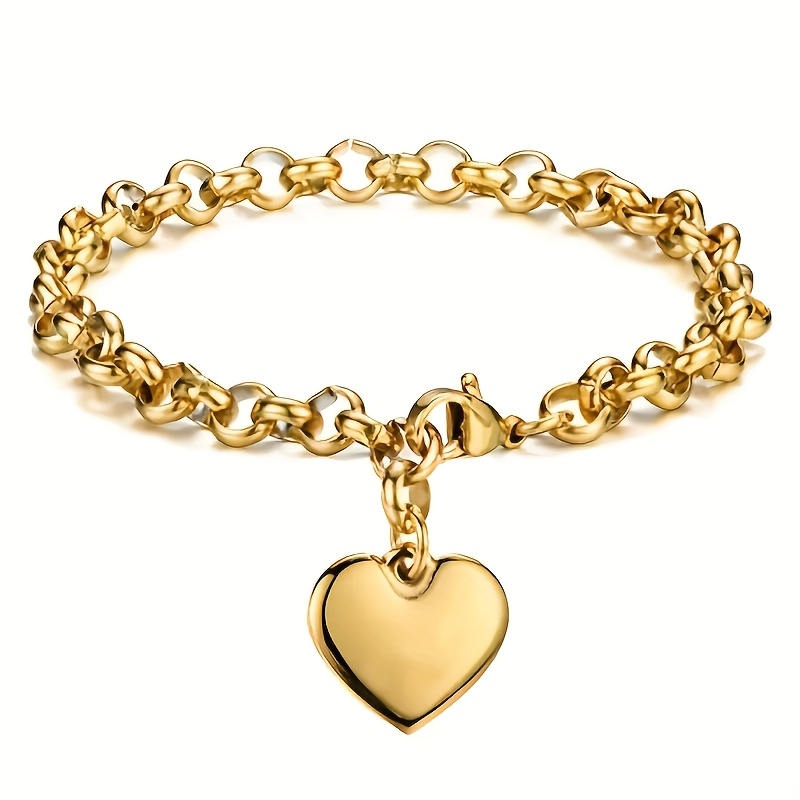 TEMU Bracciale in Acciaio al Titanio con Pendente a Cuore Lucido, Stile Minimalista e Versatile, Oro/, Moda Donna, per Pendolari, Feste, Vacanze,