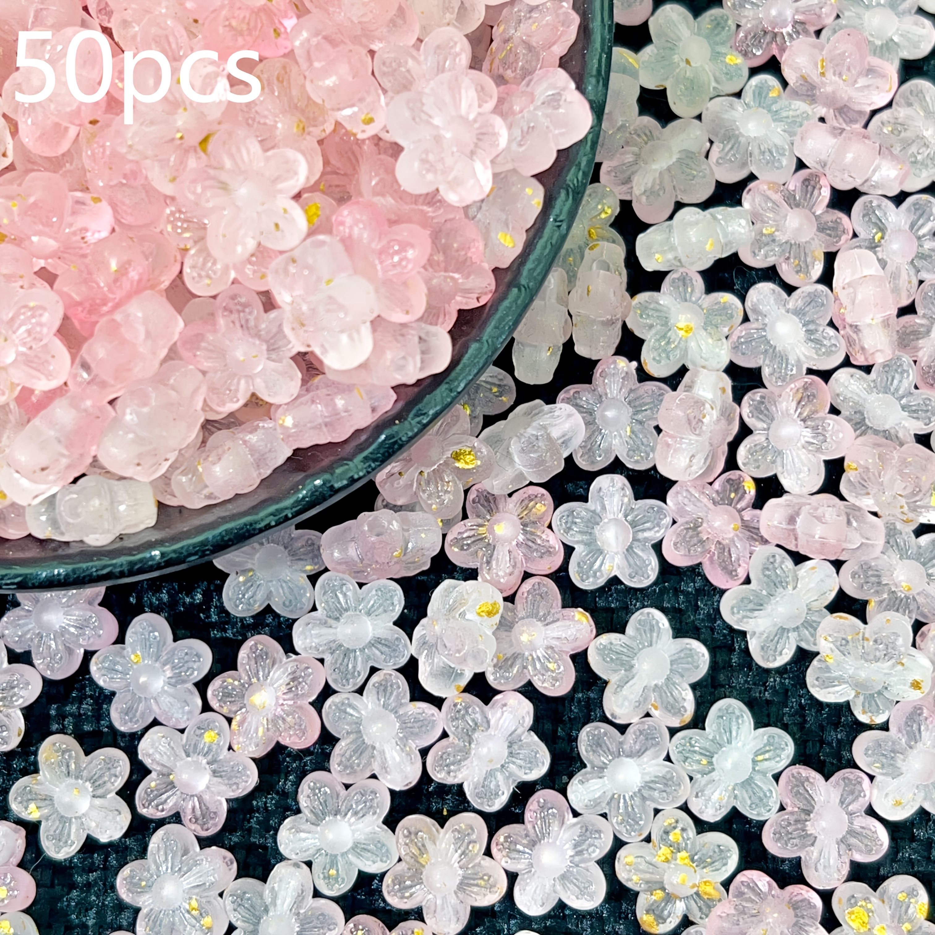 50pcs 10mm Light Pink Semi-transparent Small Flower Shaped Golden Decorative Acrylic Beads Scattered Beads - Used For Jewelry Bracelet Necklace Making, Craft Supplies