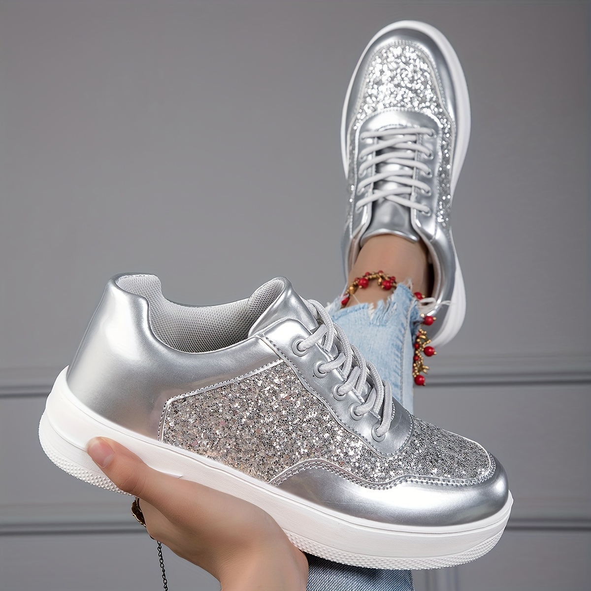 Silberne Schuhe Glitzer Sneaker Damen Silber Pailletten Silberne