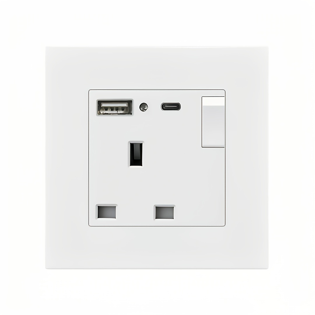   White Tempered Glass/PC USB-C Wall Outlet - 5V 2.1A 250V 13A   Power Strip with Type-C Charging, Durable Metal Construction for Office & Bedroom, Versatile Charging Station, Modern Wall Plug, Durable  