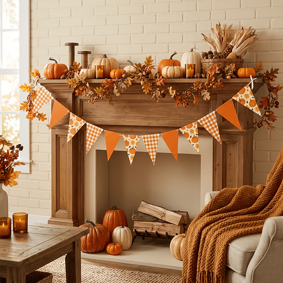TEMU 12pcs/24pcs/48pcs Autumn Pumpkin Triangle Pennant Banner - Fall Thanksgiving Halloween Party Decoration Garland With Orange Checkered Maple Leaf