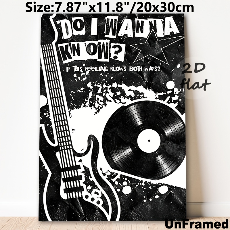 TEMU 2d Flat, 1pc Retro Punk Grunge Music Poster Suitable For Music, Minimalist Electric Guitar & Vinyl Record, Unframed Canvas Poster Suitable For