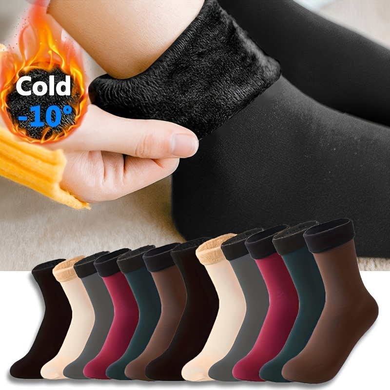 

6 Pairs Winter Thermal Socks - Thickened Fleece Lined Mid-calf Boot Socks, Soft Polyester And Spandex Knit Fabric, Solid Color, Hand Wash Recommended