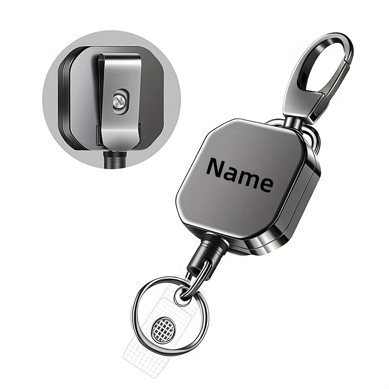 TEMU Customize A Self- Durable And Practical Alloy With Your Text, A Personalized Name Car Key Fob Featuring A Badge Reel, A 27.6-inch Steel Cable, A