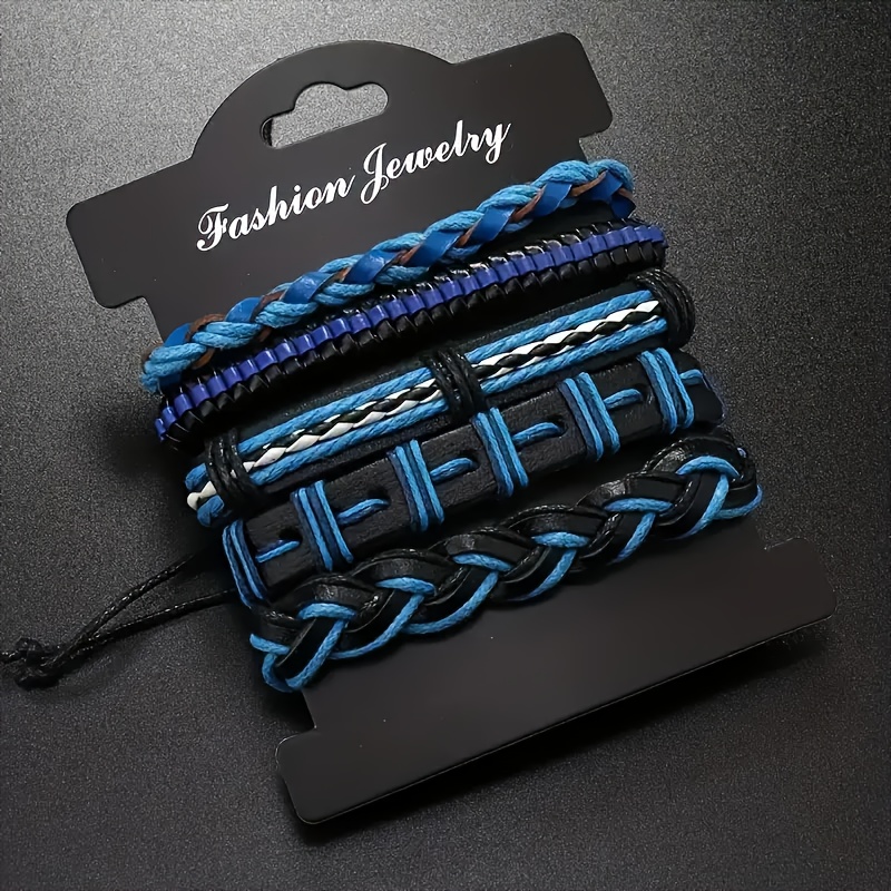 Image of 5pcs Blue Faux Leather Braided Bracelet - Wax Cord Texture, Hue, Durable, Stylish, Minimalist Beadless Design, Stackable Casual Wear, Casual And Formal (metal Free, Suitable For Sensitive Beige)
