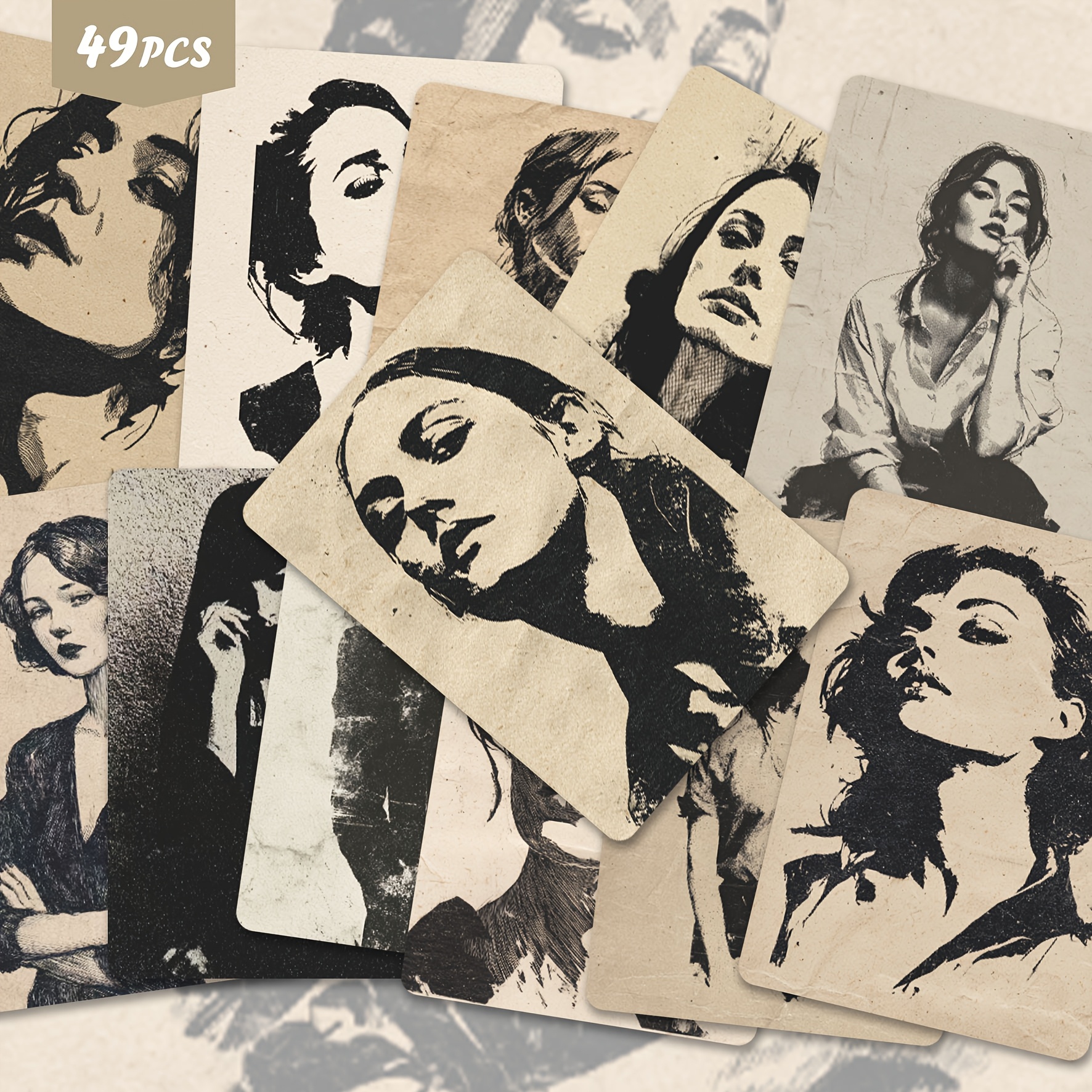 Image of 49pcs Vintage Black & White Artistic Female Portrait Stickers Pack | Vinyl Decals With Character Designs | For Laptop, Water Bottle & Gift | For Art Fans & Edgy Vibe Enthusiasts