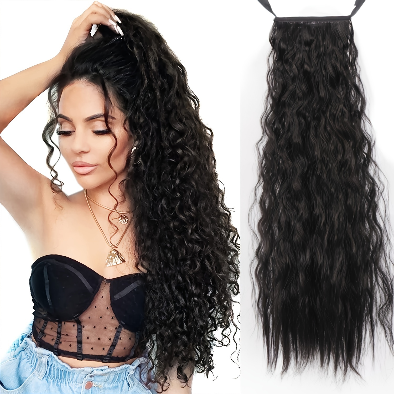 TEMU Long Curly Ponytail With Hair Tie Synthetic Clip In Hair Extensions Hair Accessories