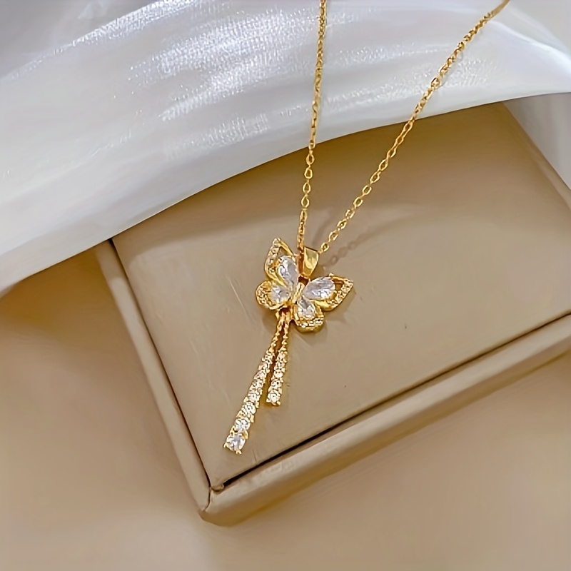 TEMU Fashion Micro-pave Synthetic Cubic Zirconiaia Tassel Stainless Steel Necklace, Perfect For Daily Wear And Parties, Valentine's Day Accessory,